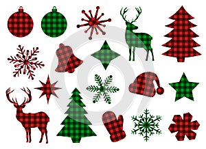 Set Christmas elements buffalo plaid vector illustration